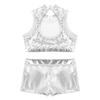 easyforever Kids Girls 2PCS Shiny Mermaid Scales Ballet Dance Outfit Crop Top with Short Tankini Swimsuit Silver 3 14 view 4
