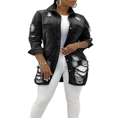 chouyatou Women's Spring Fall Wear Ripped Hole Casual Mid Long Denim Jacket Coat (Medium, Black)