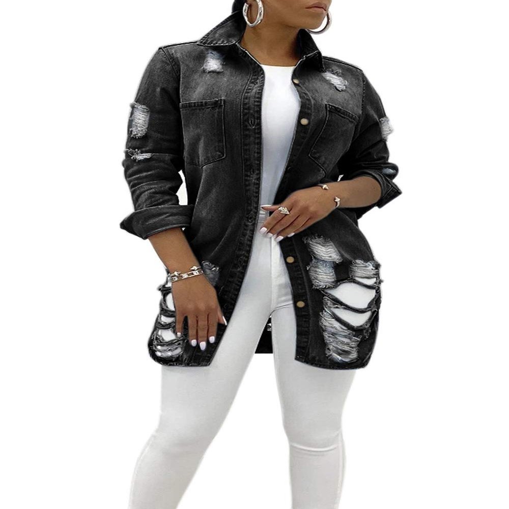 chouyatou Women's Spring Fall Wear Ripped Hole Casual Mid Long Denim Jacket Coat (Medium, Black)