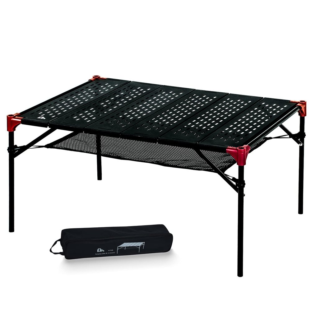iClimb Extendable Folding Table Large Tabletop Area Ultralight Compact with Hollow Out Tabletop and Carry Bag for Camping Backpacking Beach Concert BBQ Party, Three Size (Black - XL)