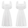R.Vivimos Women's Summer Cotton Short Sleeve Square Neck Elastic Smocked Ruffle Floral Print Swing Mini Dress (Small, White) view 4
