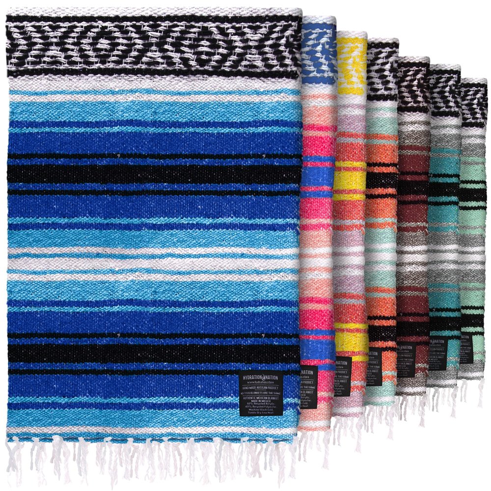 Authentic Extra Large Mexican Blanket - Handwoven Yoga, Serape, Artisanal Falsa, Beach, Camping, Picnic, Outdoor Blanket (King Turquoise)