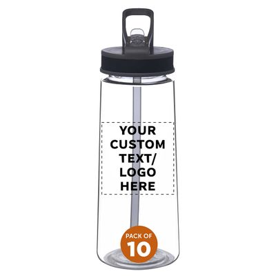 DISCOUNT PROMOS Custom Plastic Sports Bottles with Spill-Proof Lids and Straw  22 oz.  Set of 10  Personalized Bulk Pack - Reusable, Perfect for Gym, Outdoor Sports, Home, Office - Clear