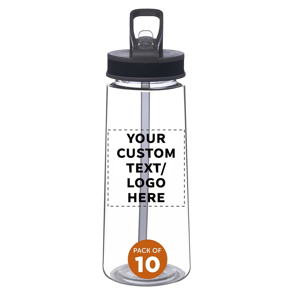 DISCOUNT PROMOS Custom Plastic Sports Bottles with Spill-Proof Lids and Straw 22 oz. Set of 10 Personalized Bulk Pack - Reusable, Perfect for Gym, Outdoor Sports, Home, Office - Clear