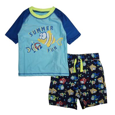 Quicksand Boys' 2-Piece UPF 50+ Rash Guard and Swimsuit Trunks Set, Turquoise Summer Fun 3T