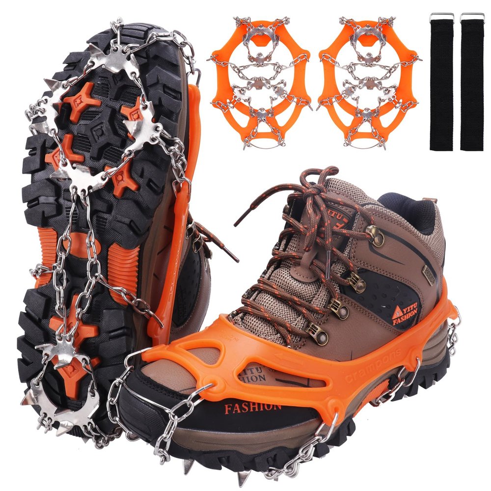 WIN.MAX Crampons for Shoes, Traction Cleats Ice Snow Grips with 19 Stainless Steel Spikes, Shoe Talons Anti - Slip Boots Spikes for Walking, Jogging, Climbing and Hiking (Orange, M)