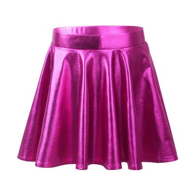 renvena Kids Girls Shiny Metallic Stretchy Flared High Waist Mini Skater Skirt A-Line Pleated Athletic Dance Skirt Rose 10 Years