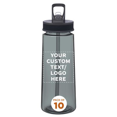 DISCOUNT PROMOS Custom Plastic Sports Bottles with Spill Proof Lids 22 oz. Set of 10, Personalized Bulk Pack - Reusable, With Straw, Perfect for Gym, Outdoor Sports, Home, Office - Charcoal