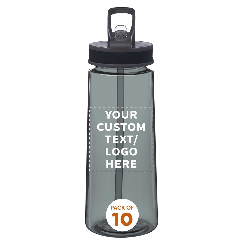 DISCOUNT PROMOS Custom Plastic Sports Bottles with Spill Proof Lids 22 oz. Set of 10, Personalized Bulk Pack - Reusable, With Straw, Perfect for Gym, Outdoor Sports, Home, Office - Charcoal