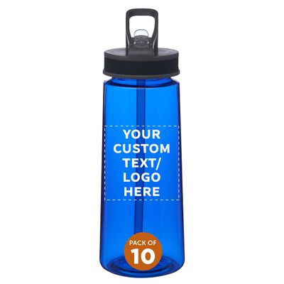 DISCOUNT PROMOS Custom Plastic Sports Bottles with Spill Proof Lids 22 oz. Set of 10, Personalized Bulk Pack - Reusable, With Straw, Perfect for Gym, Outdoor Sports, Home, Office - Blue