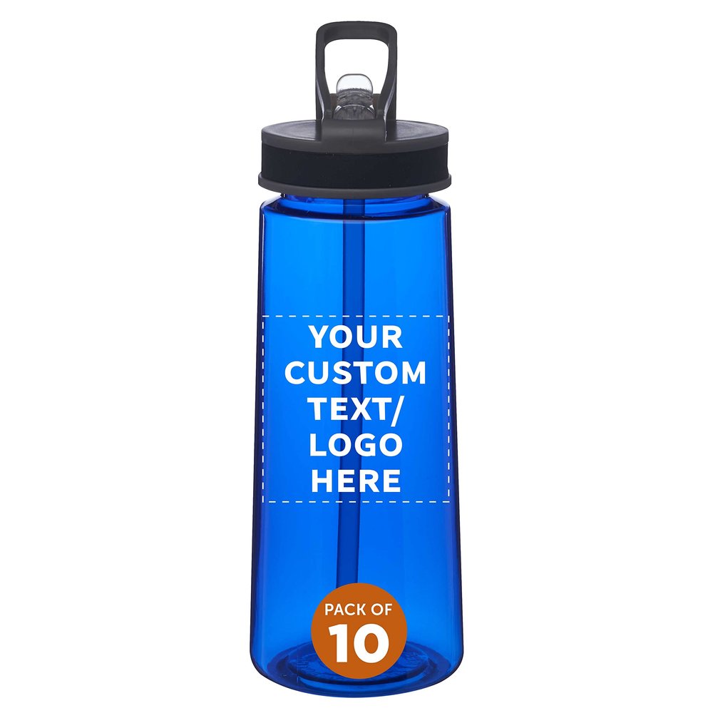 DISCOUNT PROMOS Custom Plastic Sports Bottles with Spill Proof Lids 22 oz. Set of 10, Personalized Bulk Pack - Reusable, With Straw, Perfect for Gym, Outdoor Sports, Home, Office - Blue