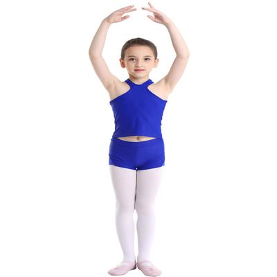 Moily Little Big Girls Athletic Two Pieces Outfit Racer Back Tank Top Shirts with Booty Shorts Ballet/Dance/Sports Blue 5-6