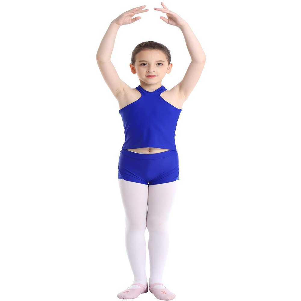 Moily Little Big Girls Athletic Two Pieces Outfit Racer Back Tank Top Shirts with Booty Shorts Ballet/Dance/Sports Blue 5-6