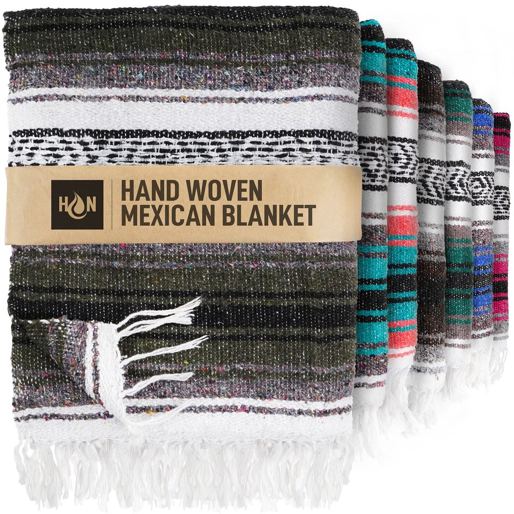 Hydration Nation Authentic Extra Large Mexican Blanket - 70"x50" Handwoven Yoga, Serape, Artisanal Falsa - Camping, Picnic, Outdoor (Military Green)