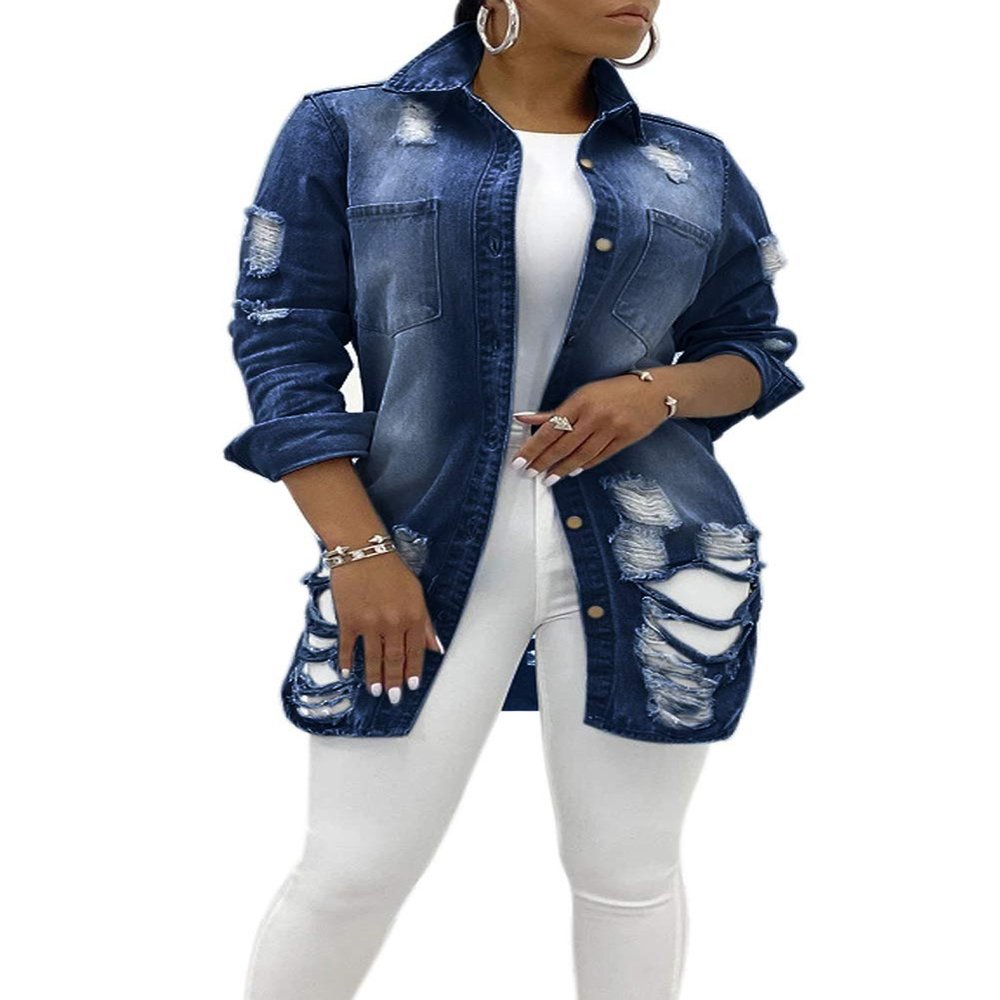 chouyatou Women's Spring Fall Wear Ripped Hole Casual Mid Long Denim Jacket Coat (X-Small, Dark Blue)