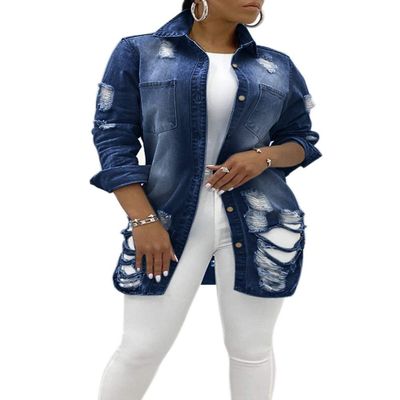 chouyatou Women's Spring Fall Wear Ripped Hole Casual Mid Long Denim Jacket Coat (Large, Dark Blue)