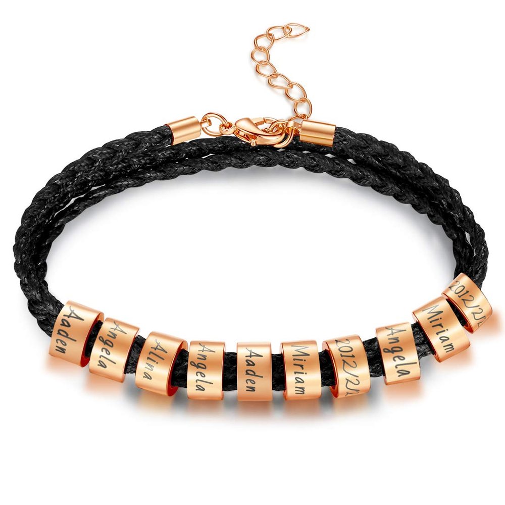 Albeads Custom Bracelet Personalized Black Braid Leather Bracelets with 1-10 Names Engraved in Custom Beads Custom ID Bracelet for Mens Women
