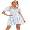 R.Vivimos Women's Summer Cotton Short Sleeve Square Neck Elastic Smocked Ruffle Floral Print Swing Mini Dress (Small, LightBlue) view 2