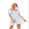 R.Vivimos Women's Summer Cotton Short Sleeve Square Neck Elastic Smocked Ruffle Floral Print Swing Mini Dress (Small, LightBlue) view 3
