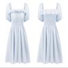 R.Vivimos Women's Summer Cotton Short Sleeve Square Neck Elastic Smocked Ruffle Floral Print Swing Mini Dress (Small, LightBlue) view 4