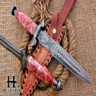 HUNTEX Unique Custom Handmade Hand-Forged Ladder Pattern Damascus Steel 15 Inch Long Full Tang Marble Handle Razor Sharp Hunting Camping Dagger Knife with Genuine Leather Sheath