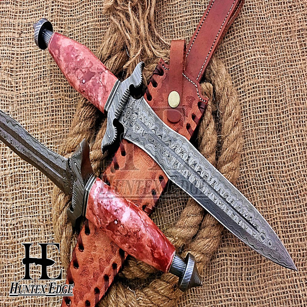 HUNTEX Unique Custom Handmade Hand-Forged Ladder Pattern Damascus Steel 15 Inch Long Full Tang Marble Handle Razor Sharp Hunting Camping Dagger Knife with Genuine Leather Sheath