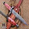 HUNTEX Unique Custom Handmade Hand-Forged Ladder Pattern Damascus Steel 15 Inch Long Full Tang Marble Handle Razor Sharp Hunting Camping Dagger Knife with Genuine Leather Sheath view 1