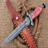 HUNTEX Unique Custom Handmade Hand-Forged Ladder Pattern Damascus Steel 15 Inch Long Full Tang Marble Handle Razor Sharp Hunting Camping Dagger Knife with Genuine Leather Sheath view 2