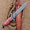 HUNTEX Unique Custom Handmade Hand-Forged Ladder Pattern Damascus Steel 15 Inch Long Full Tang Marble Handle Razor Sharp Hunting Camping Dagger Knife with Genuine Leather Sheath view 4