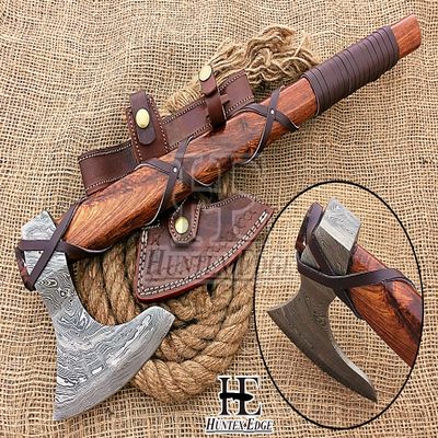 HUNTEX Unique Custom Hand-Forged Twist Pattern Damascus Steel 21 Inch Long Walnut Wood Leather Wrapped Handle Full Tang Razor Sharp Hunting Camping Hiking Godzilla Axe with Genuine Leather Sheath