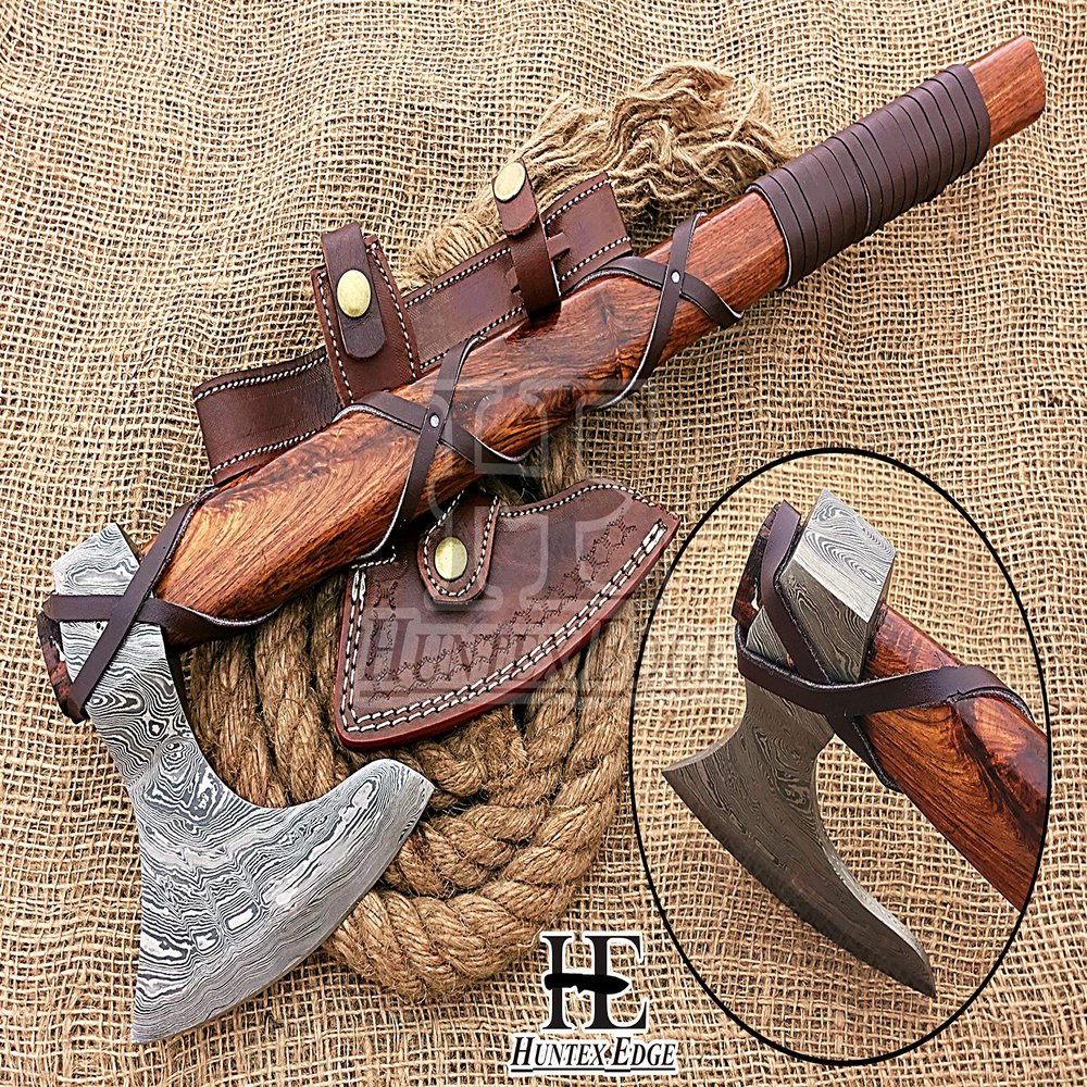 HUNTEX Unique Custom Hand-Forged Twist Pattern Damascus Steel 21 Inch Long Walnut Wood Leather Wrapped Handle Full Tang Razor Sharp Hunting Camping Hiking Godzilla Axe with Genuine Leather Sheath