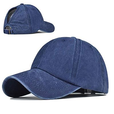 Washed Style Ponytail Top Hats for Women Baseball Caps High Messy Bun Caps Ponycaps Dad Hats (Navy Blue)