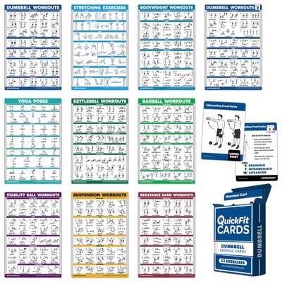10 Pack, Exercise Workout Poster Set - Dumbbell Volume 1 & 2, Suspension, Kettlebell, Resistance Bands, Stretching, Bodyweight, Barbell, Yoga Poses + Dumbbell Exercise Cards, 18" x 24"