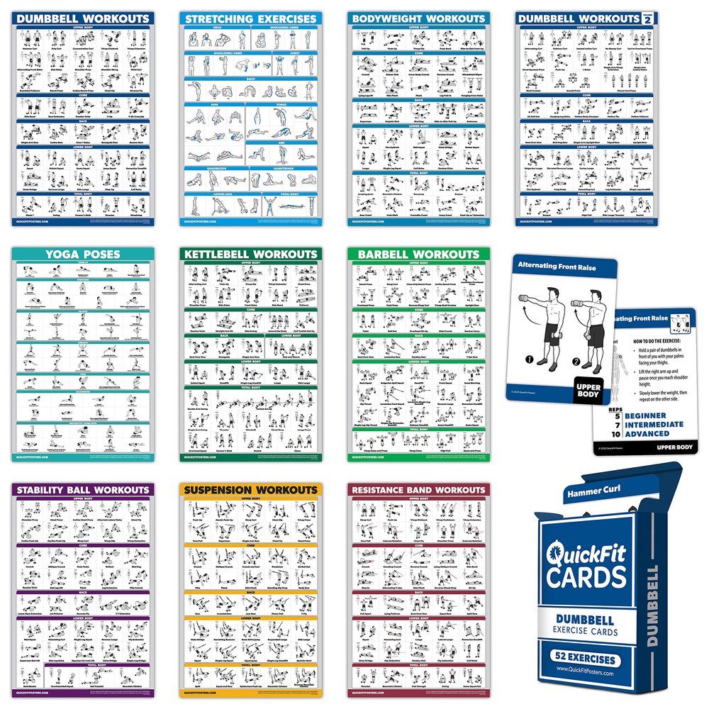10 Pack, Exercise Workout Poster Set - Dumbbell Volume 1 & 2, Suspension, Kettlebell, Resistance Bands, Stretching, Bodyweight, Barbell, Yoga Poses + Dumbbell Exercise Cards, 18" x 24"