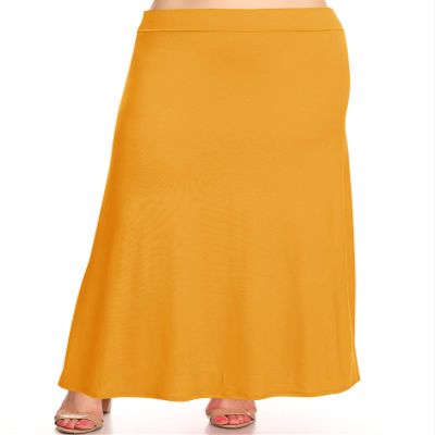 FashionStream Plus Size Foldable Waist Solid Long Maxi Skirt Mustard XL