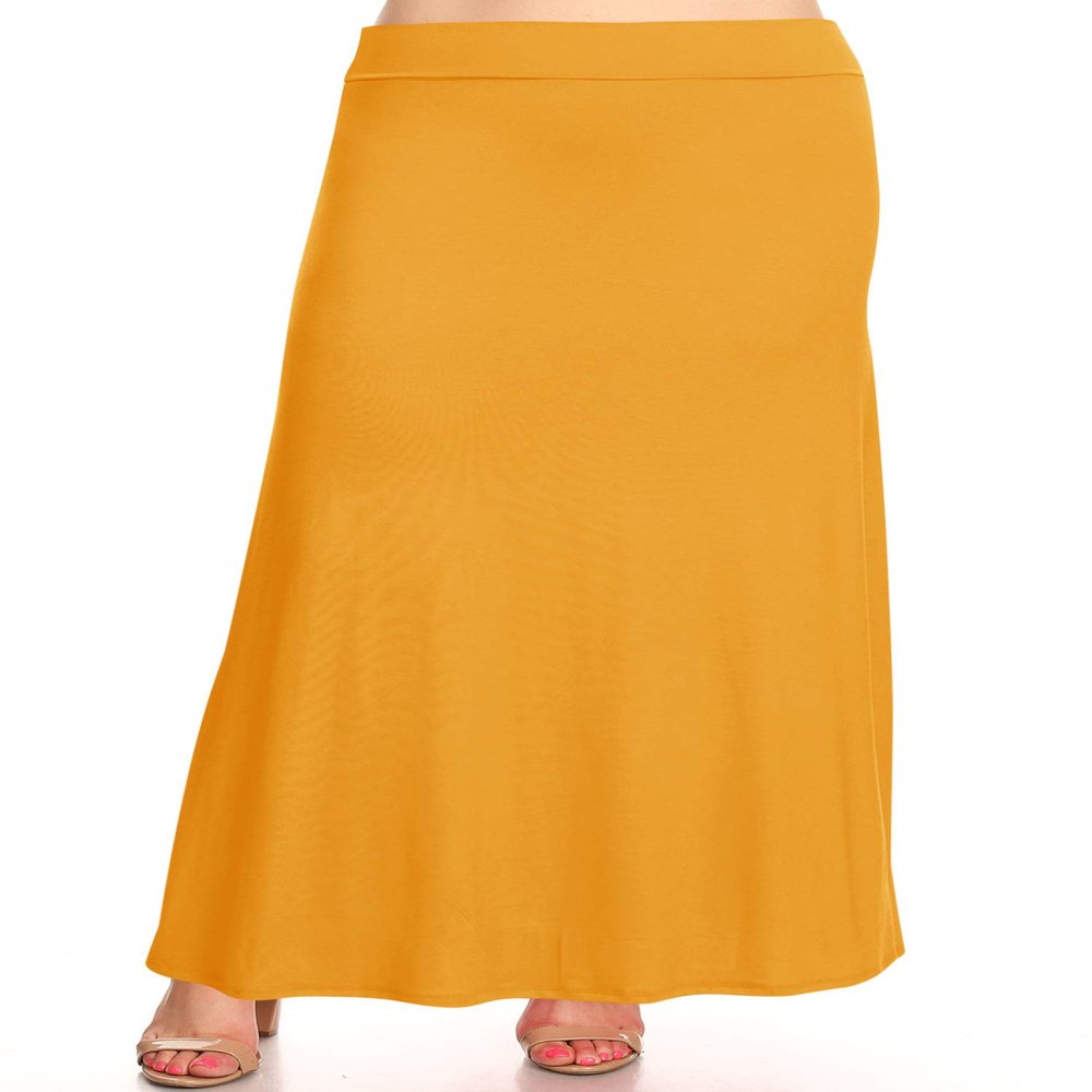 FashionStream Plus Size Foldable Waist Solid Long Maxi Skirt Mustard XL