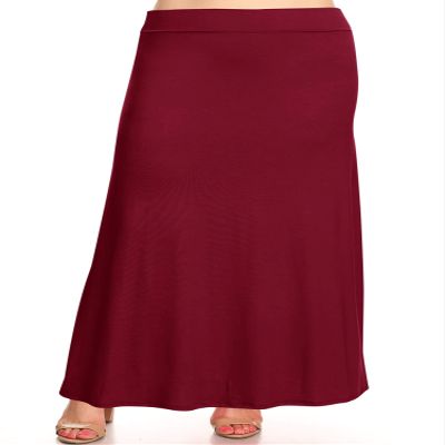 FashionStream Plus Size Foldable Waist Solid Long Maxi Skirt Burgundy 3XL