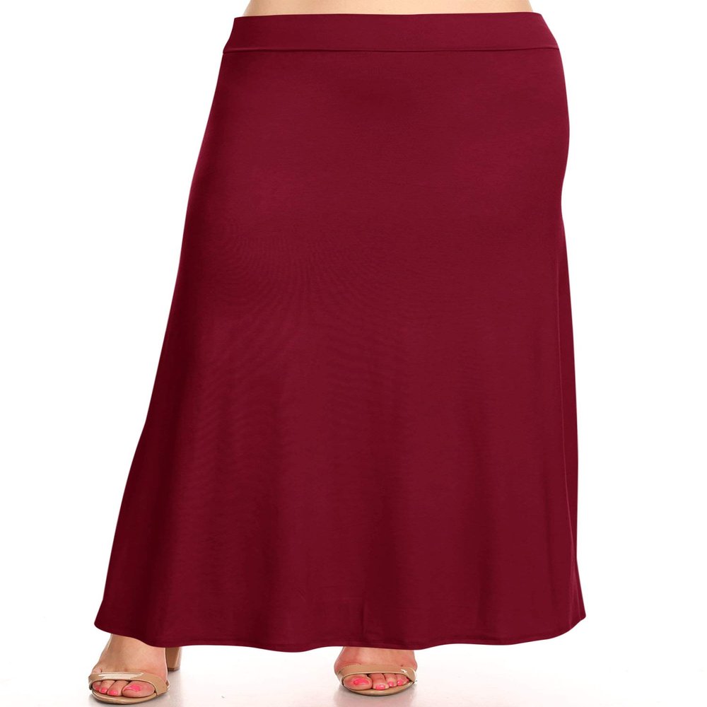 FashionStream Plus Size Foldable Waist Solid Long Maxi Skirt Burgundy 3XL
