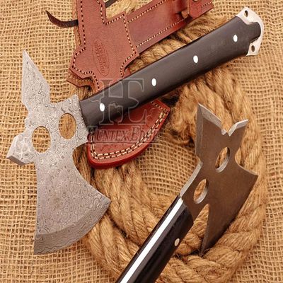 HUNTEX Unique Custom Hand-Forged Rain Drop Pattern Damascus Steel 12 Inch Long Buffalo Horn Handle Full Tang Razor Sharp Hunting Camping Hiking Hiking Axe with Genuine Leather Sheath