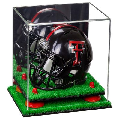 Better Display Cases Acrylic Mini - Miniature Football Helmet (not Full Size) Display Case with Mirror, Red Risers and Turf Base (V45)