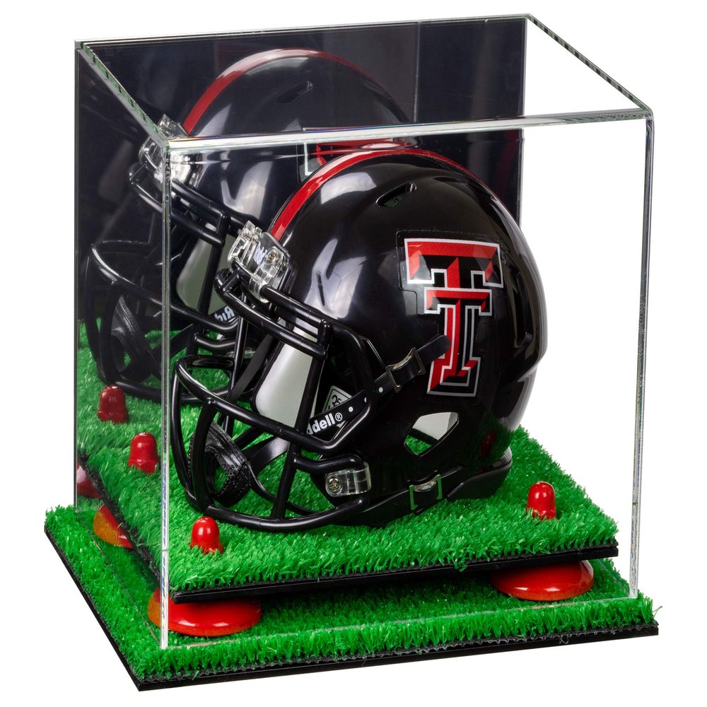 Better Display Cases Acrylic Mini - Miniature Football Helmet (not Full Size) Display Case with Mirror, Red Risers and Turf Base (V45)
