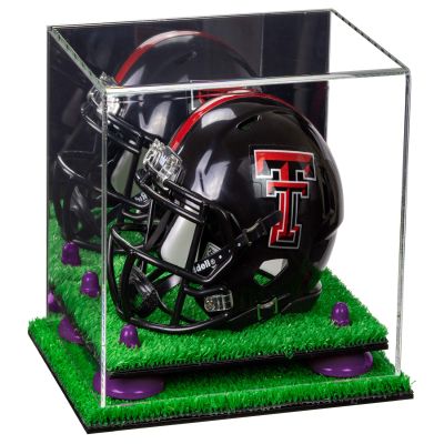 Better Display Cases Acrylic Mini - Miniature Football Helmet (not Full Size) Display Case with Mirror, Purple Risers and Turf Base (V45)