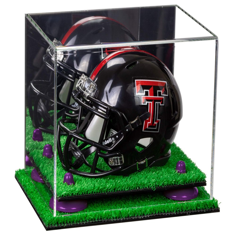 Better Display Cases Acrylic Mini - Miniature Football Helmet (not Full Size) Display Case with Mirror, Purple Risers and Turf Base (V45)