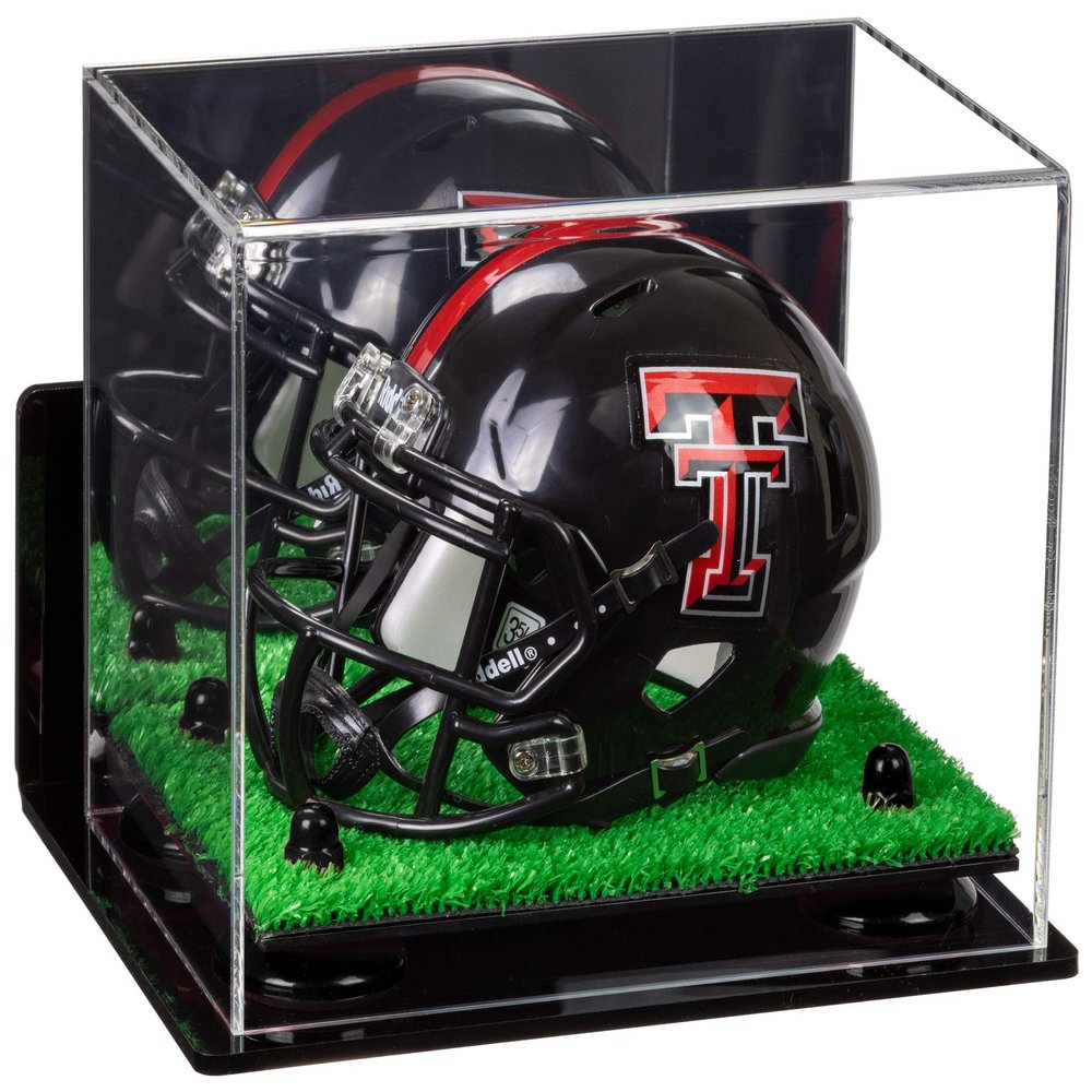 Better Display Cases Acrylic Mini - Miniature Football Helmet (not Full Size) Display Case with Mirror, Black Risers, Turf Base and Wall Mount (V45)