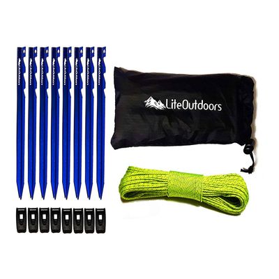 LITEOUTDOORS Ultralight Tent Stake Kit - 8 Aluminum Tent Pegs, 60' Reflective Guy Line, 8 Cord Tensioners - for Backpacking, Hiking, Camping