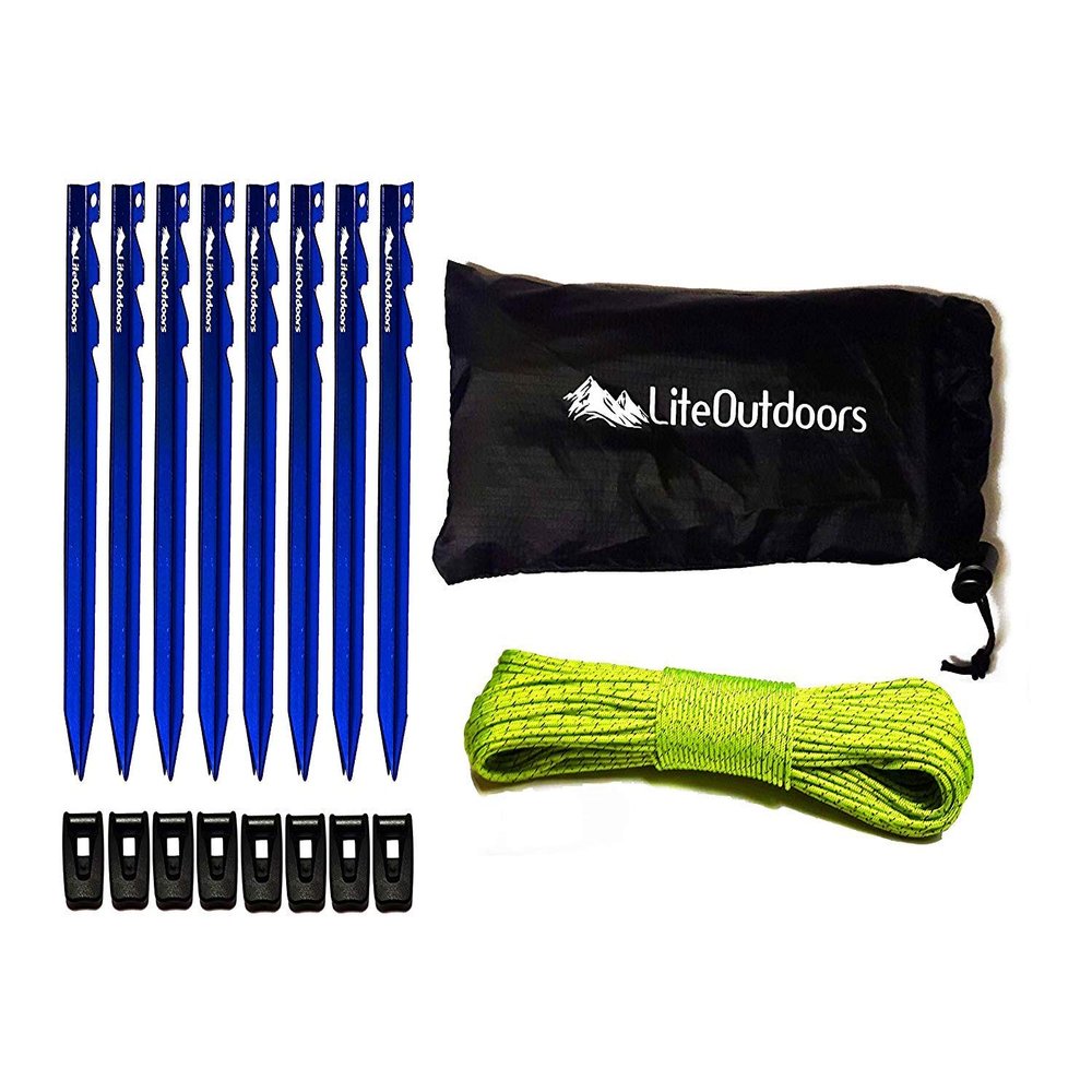 LITEOUTDOORS Ultralight Tent Stake Kit - 8 Aluminum Tent Pegs, 60' Reflective Guy Line, 8 Cord Tensioners - for Backpacking, Hiking, Camping