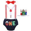 Baby Boy First 1st Birthday Cake Smash Outfit One Diaper Cover Shorts Pants Y-back Suspenders Bow Tie Crown Headband 4pcs Clothes Set Party Photo Props Navy Blue 12-18M view 1