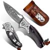 TURENZ Handmade Damascus Steel Flipper Folding Knife with Pocket Clip, Liner Lock, Tactical Knife for Camping, Hunting, Fishing and EDC (Black & White) view 1