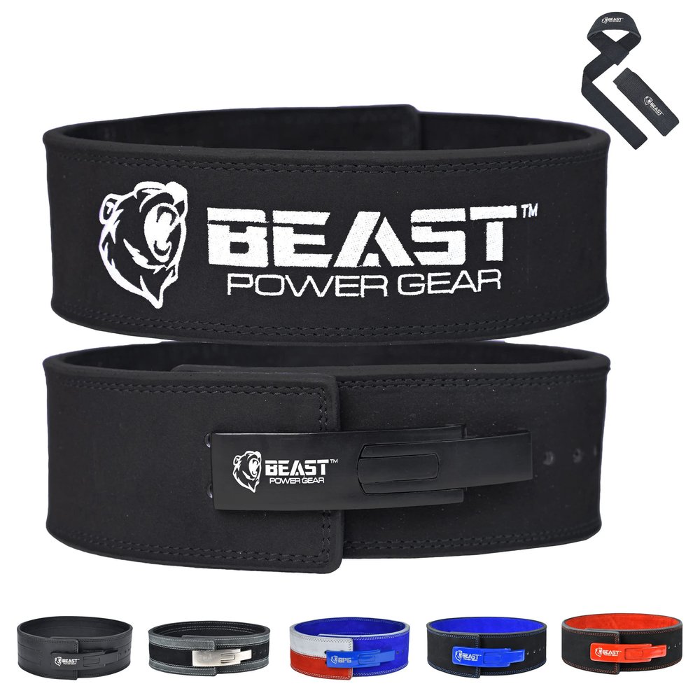 Beastpowergear Weight Lifting Belt with Lever Buckle 4" Wide,10mm Thick |Genuine Leather | Back Support. (Black/Black, X-Large)