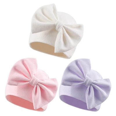 Bamery Newborn Baby Girl Hat Cotton Baby Bow Beanie Preemie Hats Spring Infant Hats for Girls 0-12 Months (White+Pink+Purple, Preemie)